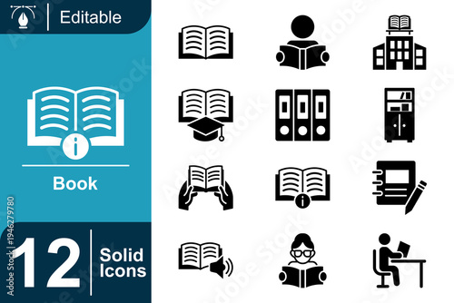 Book icon set. Academic learning resource, education reading material, library knowledge concept, student study activity, school literature and more. Solid vector icons collection.