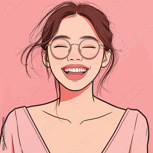 A woman shows a big smile while wearing glasses. Her hair flows softly around her face in a bright setting.