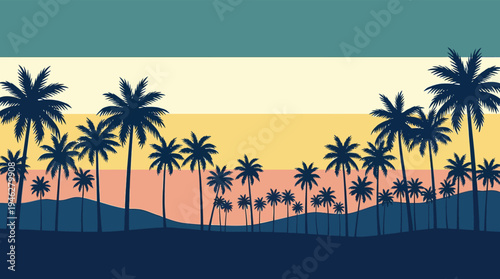Retro Summer Tropical Palm Tree Landscape Vector Illustration with 80s Vintage Sunset Background for Travel and Tourism Marketing