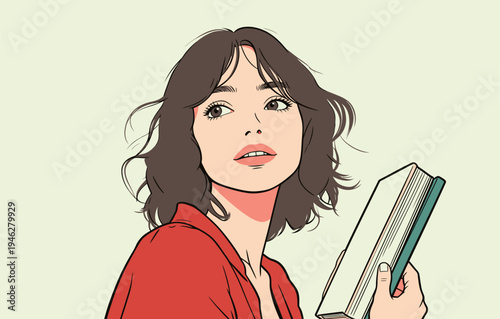 A young woman holds a book in her hand and looks thoughtfully while sitting inside a room during daylight.