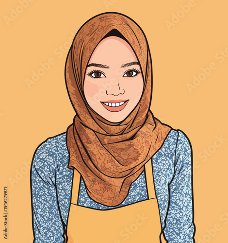 A woman wearing a hijab and an apron smiles while looking directly ahead with a plain yellow background.