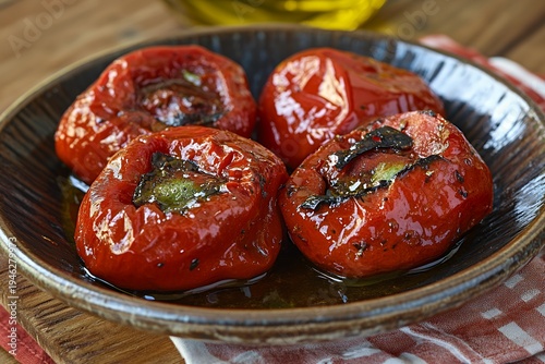 Roasted red peppers in a rustic ceramic bowl