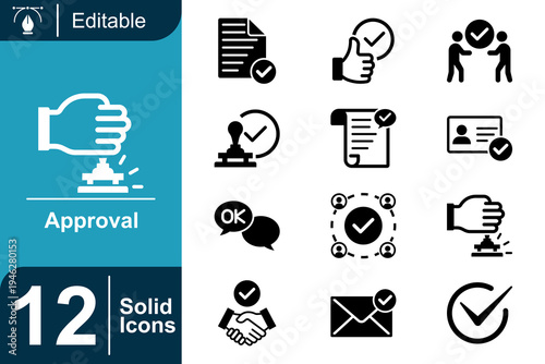 Approval icon set. Verification approval workflow, confirmation validation system, document authorization process, agreement confirmation concept and more. Solid vector icons collection.