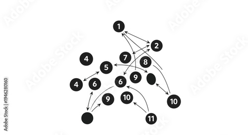 Black and white illustration of a complex network diagram with numbered nodes and lines on a plain white background.