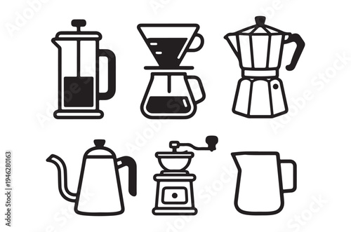 Various coffee brewing methods illustrated in a simple black and white style