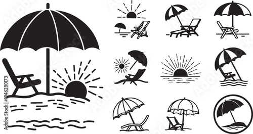 Beach icons with umbrella and chair in black and white
