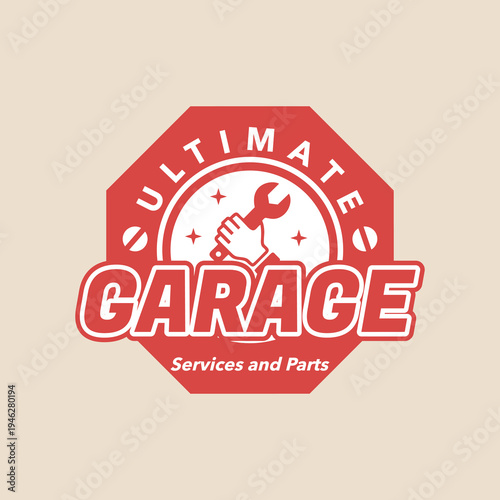 Retro automotive garage badge featuring a hand holding a wrench icon inside a bold octagonal emblem, ideal for auto repair branding, service centers, and automotive industry designs