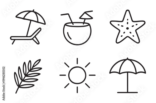 Simple line art depicting summer vacation elements beach sun and relaxation