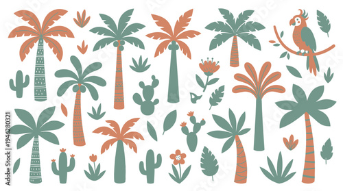 Tropical Summer Vector Illustration Set with Palm Trees Cacti Parrot and Jungle Foliage for Modern Travel and Lifestyle Branding