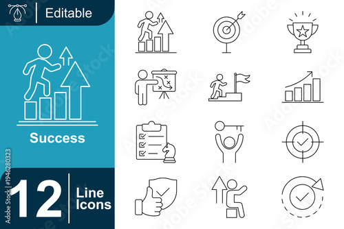 Success icon set. Achievement target, goal strategy planning, business growth chart, leadership progress, winner trophy, mission accomplishment, performance improvement and more. Line vector icons col