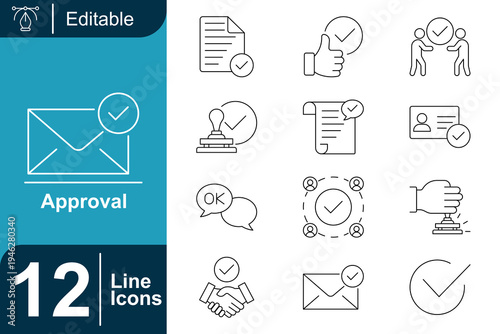 Approval icon set. Document verification, confirmation check mark, approval process workflow, agreement confirmation, validation system, authorization concept and more. Line vector icons collection.