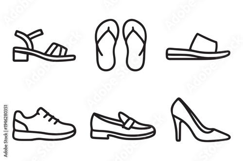 Black and white line drawing of various types of footwear