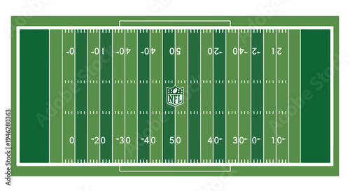 Overhead view of an American football field with yard lines and markings on a green turf with a white outline