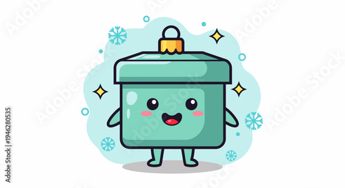 Playful teal lunchbox cartoon character with smile.