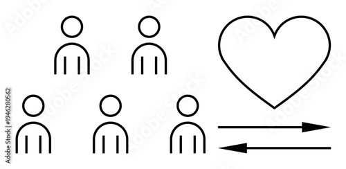 Social interaction, emotional exchange, teamwork, relationships, group dynamics, love. Minimalist design with five people figures and a heart with arrows indicating mutual flow. Social interaction