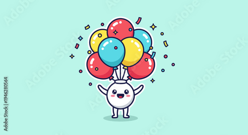 Playful white bunny holding colorful balloons.