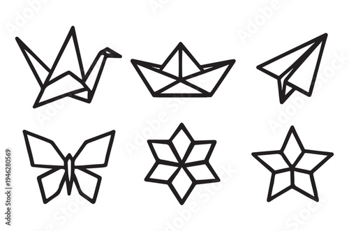 Black and white illustration of origami shapes including a crane and boat