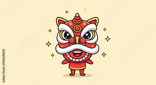 Red Cartoon Lion Dance Mask Character in Festive Pose.