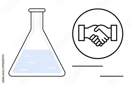 Collaboration concept. Chemistry flask and handshake icon collaboration, teamwork, and innovation. Collaboration in science, partnerships, research projects, and innovation planning. Business