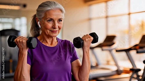 Senior woman exercising with dumbbells in gym, wearing wireless earbuds and purple athletic shirt — active aging, fitness, and healthy lifestyle concept.