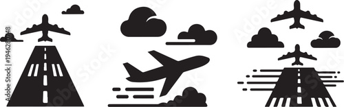 Airplanes Silhouettes Taking Off and Flying in the Sky