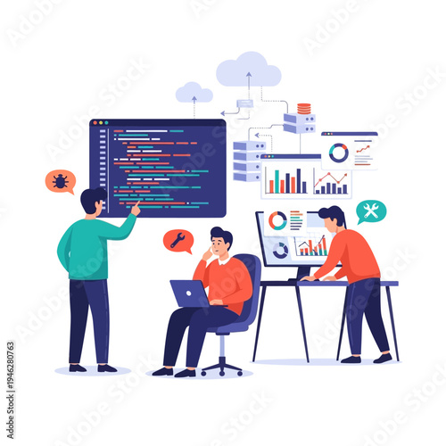 Team of developers coding and analyzing data on cloud servers, software development concept