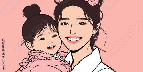 A mother holds her young daughter close, both smiling happily. The background is plain pink, creating a cheerful atmosphere around them.