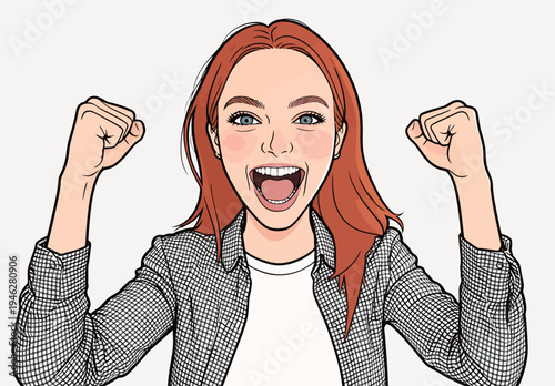 A woman with red hair is raising her fists and smiling. She shows a feeling of joy and excitement with her expression and gestures.