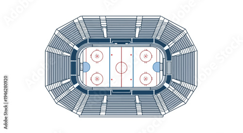 Overhead view of an ice hockey arena with a white rink and blue seats on a plain background.