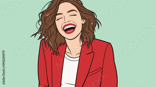 A young woman laughs joyfully while dressed in a red blazer and white shirt with a light green backdrop. Her hair is wavy.