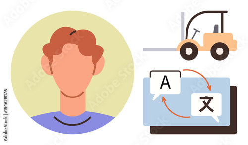 Language translation, communication tools, global reach, automation, industrial vehicles, technology integration. Flat icons include a person, translation screen and forklift. Communication tools
