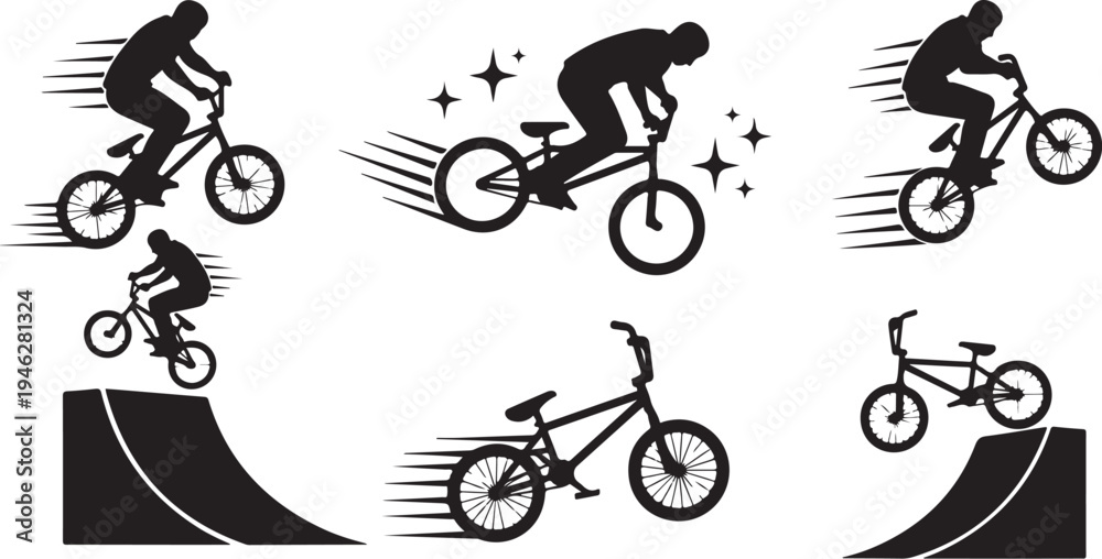 Naklejka premium Bicycle Silhouettes in Motion with Rider and Tricks Illustration