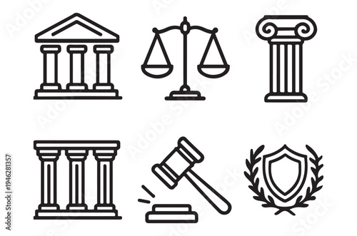 Legal symbols including scales of justice columns and a gavel