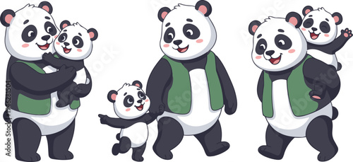 A charming illustration of a panda family featuring a playful mother panda and her adorable cub. 