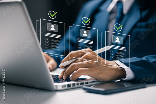 Business professional reviewing digital candidate profiles with approval check marks. Concept of recruitment process, human resources management, employee selection and talent acquisition.
