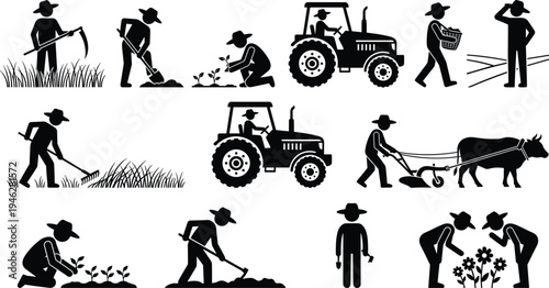 Farmer agriculture silhouettes collection, farmers planting crops, harvesting, driving tractor, plowing field, rural farming activities vector illustration set