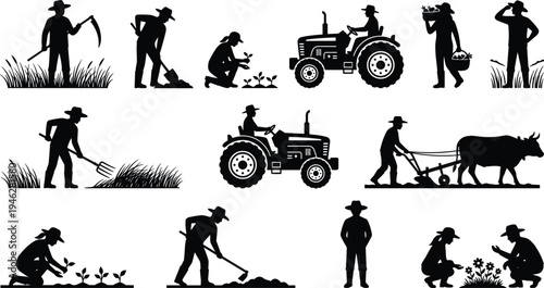 Farmers agriculture silhouettes collection, tractor driving, planting seedlings, harvesting crops, plowing field with ox, rural farming activities vector illustration set