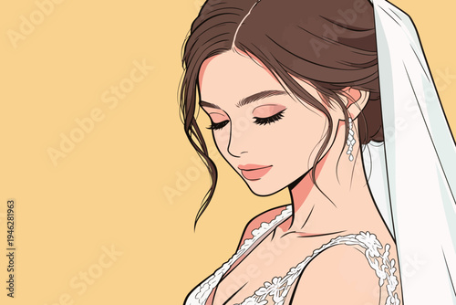 A bridal portrait shows a woman with a veil on her head and long hair looking down. She wears earrings and a wedding dress.