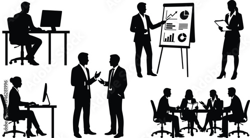 Business people silhouettes set, office workers at computer, meeting discussion, presentation board analytics, corporate teamwork and professional workplace vector illustration