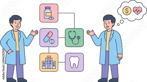 Two doctors discussing medical icons and treatment options in a clinic