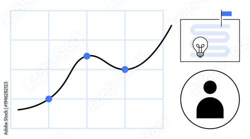 Data analytics. A growth chart shows upward trends, data analytics and performance efficiency. User profile and strategy highlight planning. For business, marketing, and strategic analysis