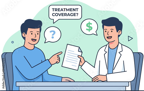 Doctor discusses treatment coverage with patient at desk in office