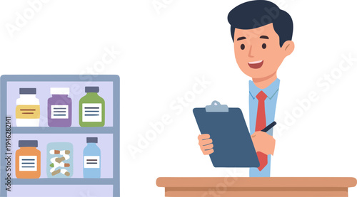 Man standing behind counter with clipboard and pharmacist shelves in store
