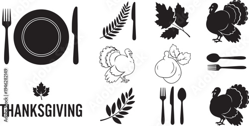 Thanksgiving icons and symbols for holiday celebration decorations