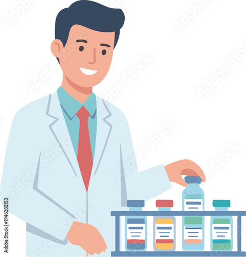 A smiling pharmacist holding a bottle on a shelf with various medicine bottles