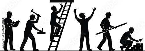 Construction worker silhouettes collection, builders hammering nails, climbing ladder, measuring level, carrying beam, bricklaying industrial labor vector illustration set