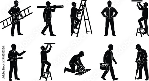 Construction workers silhouettes set, builders carrying ladder, installing pipes, drilling, cutting wood, using tools, industrial labor activities vector illustration