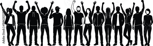 Diverse people silhouettes group, men and women celebrating with raised hands, community crowd, teamwork, unity and social gathering vector illustration