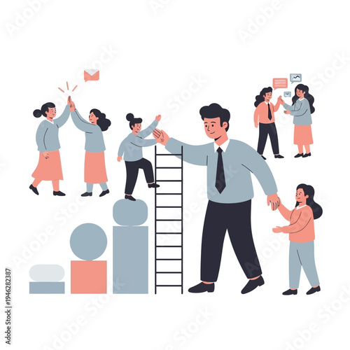Businessman Helping Colleagues Climb Career Ladder.