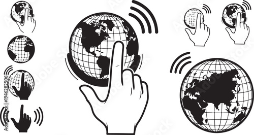 Hand interacting with globe icons in black and white
